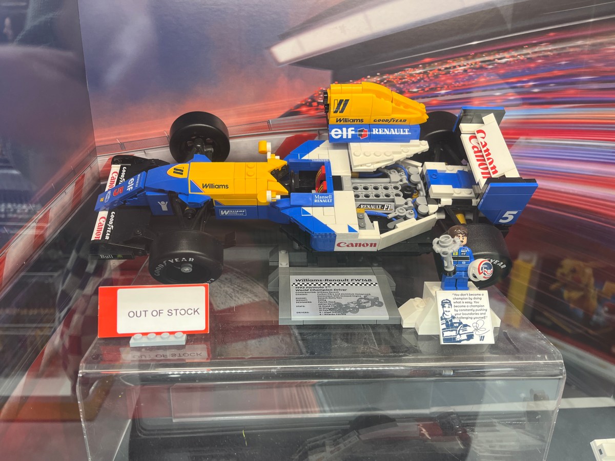My coveted Lego Williams FW14B and Nigel Mansell minifigure with an OUT OF STOCK tag the day I finally earned them